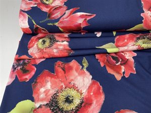 Polyesterjersey - marineblå med store røde blomster